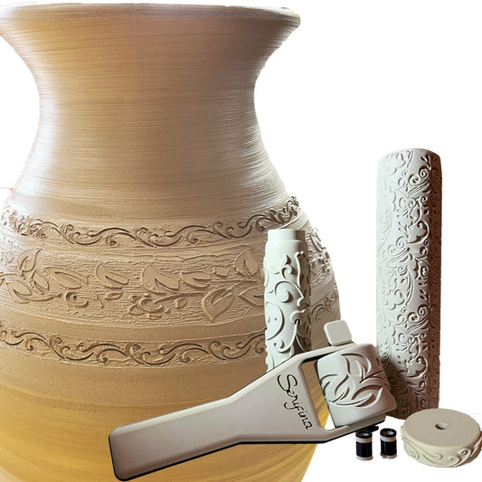 Gift set of 4 Serafina clay texture rollers, including handle, featuring intricate filigree patterns.