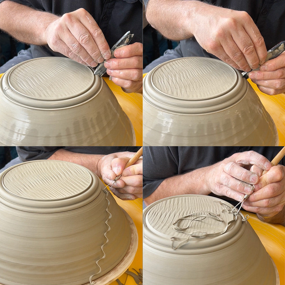 Set of banding rings and rim profile tools for creating detailed edge patterns on pottery.