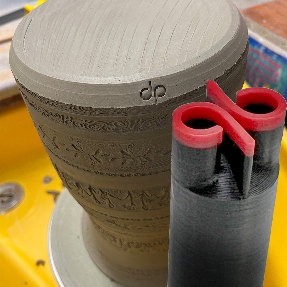 Customizable pottery stamp for potters to add a personal mark to their work.