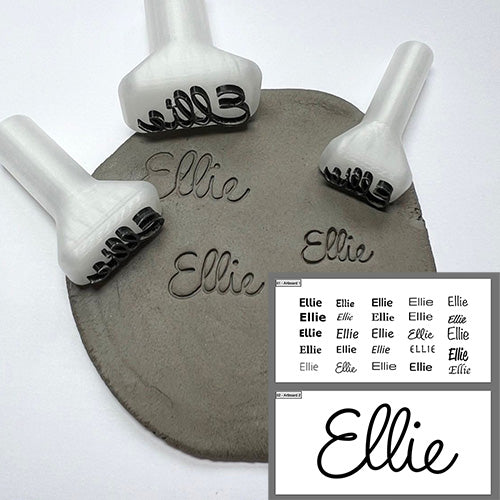 Custom Ellie stamp for pottery, designed to create personalized impressions on ceramic pieces.