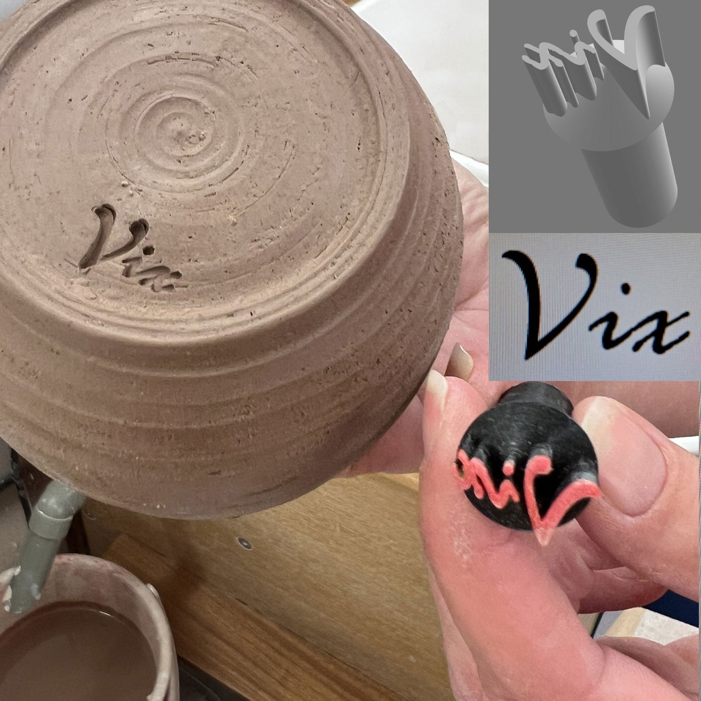 Pottery ceramic stamp designed for marking and branding clay creations.