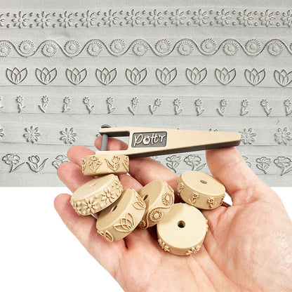 6 x Potter’s 12mm x 25mm Border Roller Stamps for Banding on Wheel Thrown Clay Pottery Vessels – Handle included.