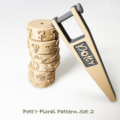 6 x Potter’s 12mm x 25mm Border Roller Stamps for Banding on Wheel Thrown Clay Pottery Vessels – Handle included.