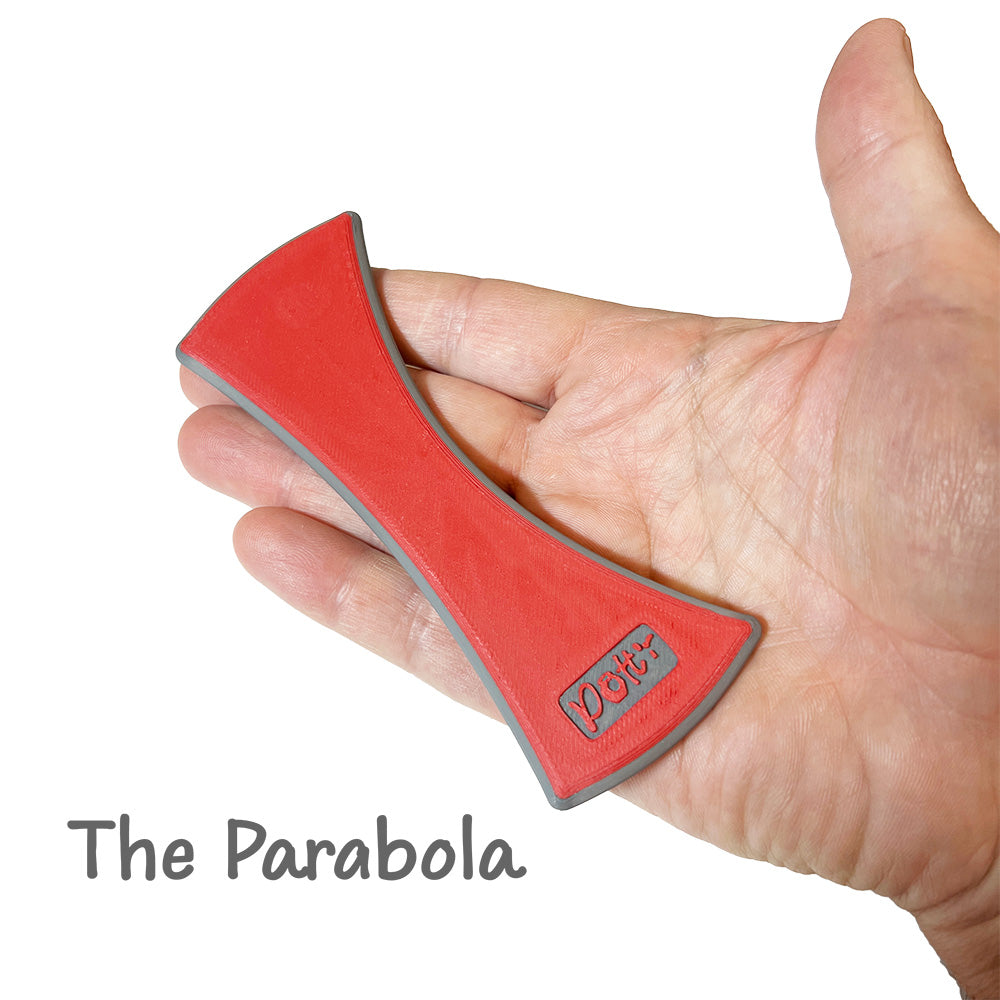 Parabola pottery tool labeled, held in hand, designed for smoothing and shaping curved surfaces.